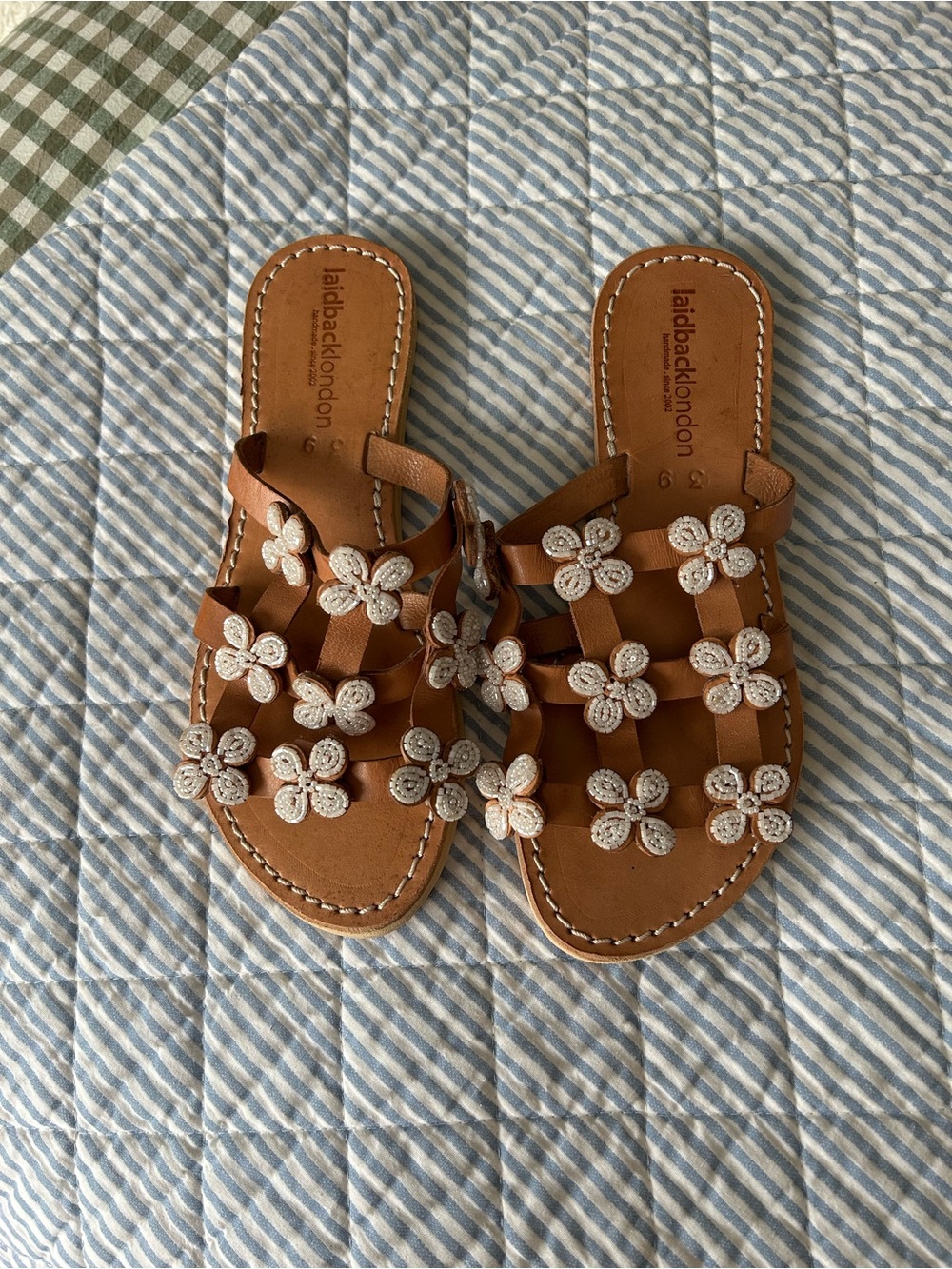Laidback London Brown Floral-Beaded Leather Slide Sandals